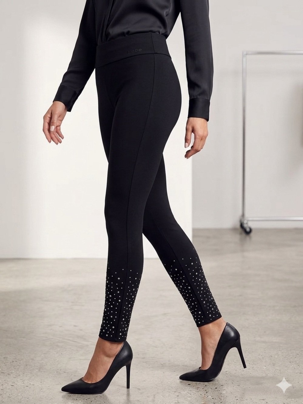 bebe Black Ponte Leggings with Studded Hem